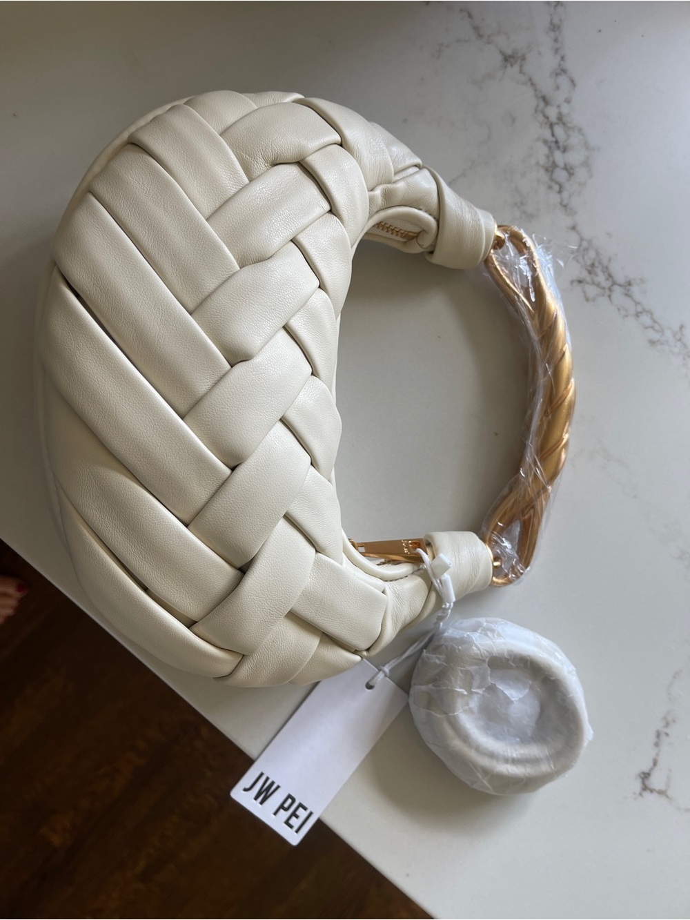 JW PEI Cream Braided Hobo with Gold Sculptural Handle